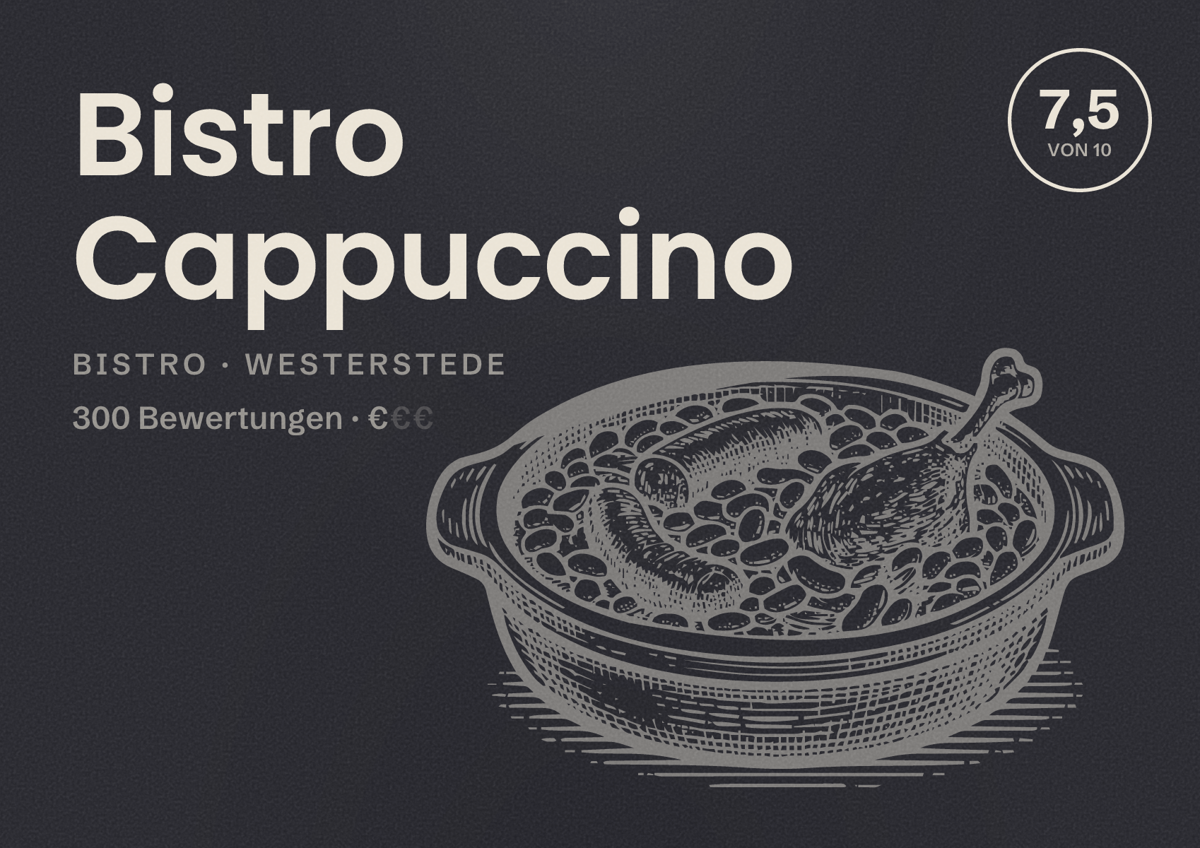 Illustriertes Poster von Bistro Cappuccino, Bistro in Westerstede: Bewertung 7,5 von 10 aus 300 Bewertungen, Preisniveau €