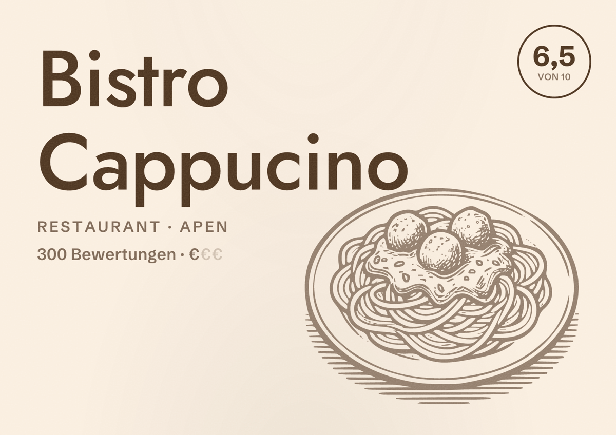 Illustriertes Poster von Bistro Cappucino, Restaurant in Apen: Bewertung 6,5 von 10 aus 300 Bewertungen, Preisniveau €