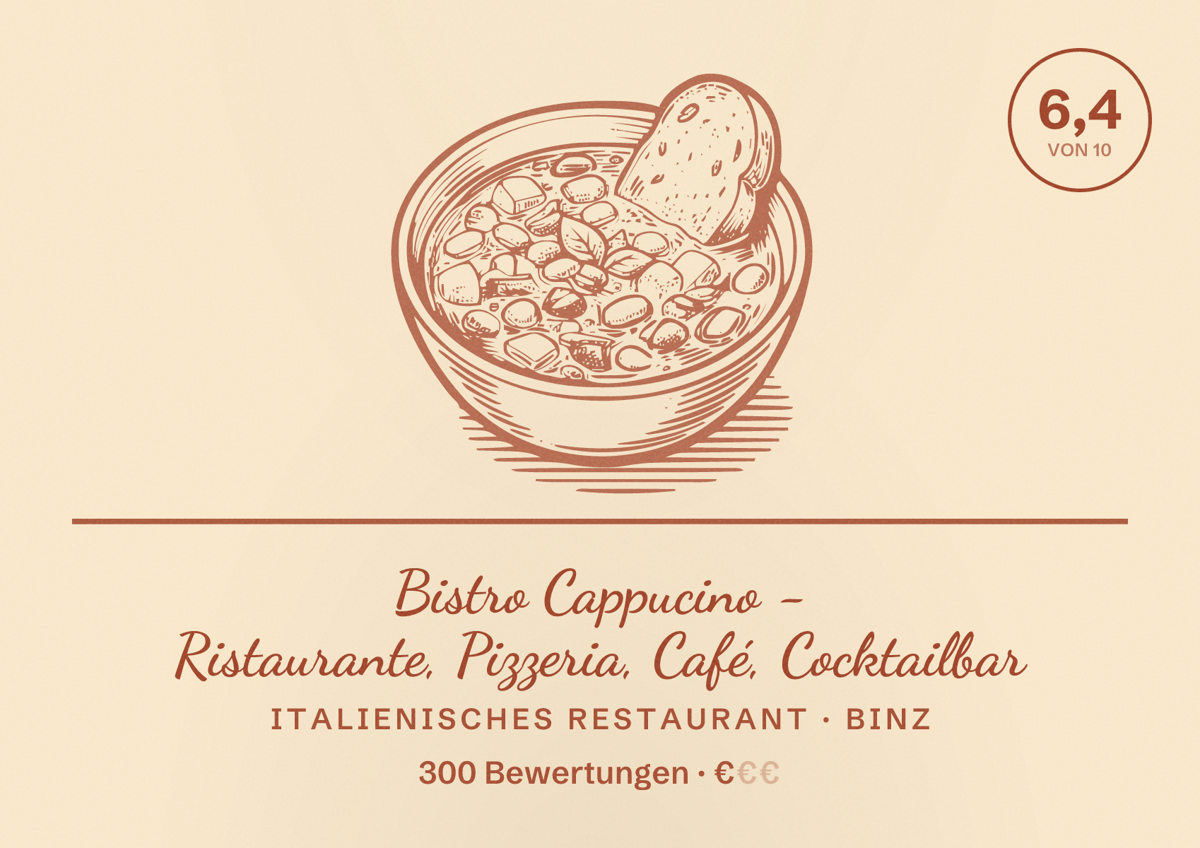 Illustriertes Poster von Bistro Cappucino - Ristaurante, Pizzeria, Café, Cocktailbar, Italienisches Restaurant in Binz: Bewertung 6,4 von 10 aus 300 Bewertungen, Preisniveau €