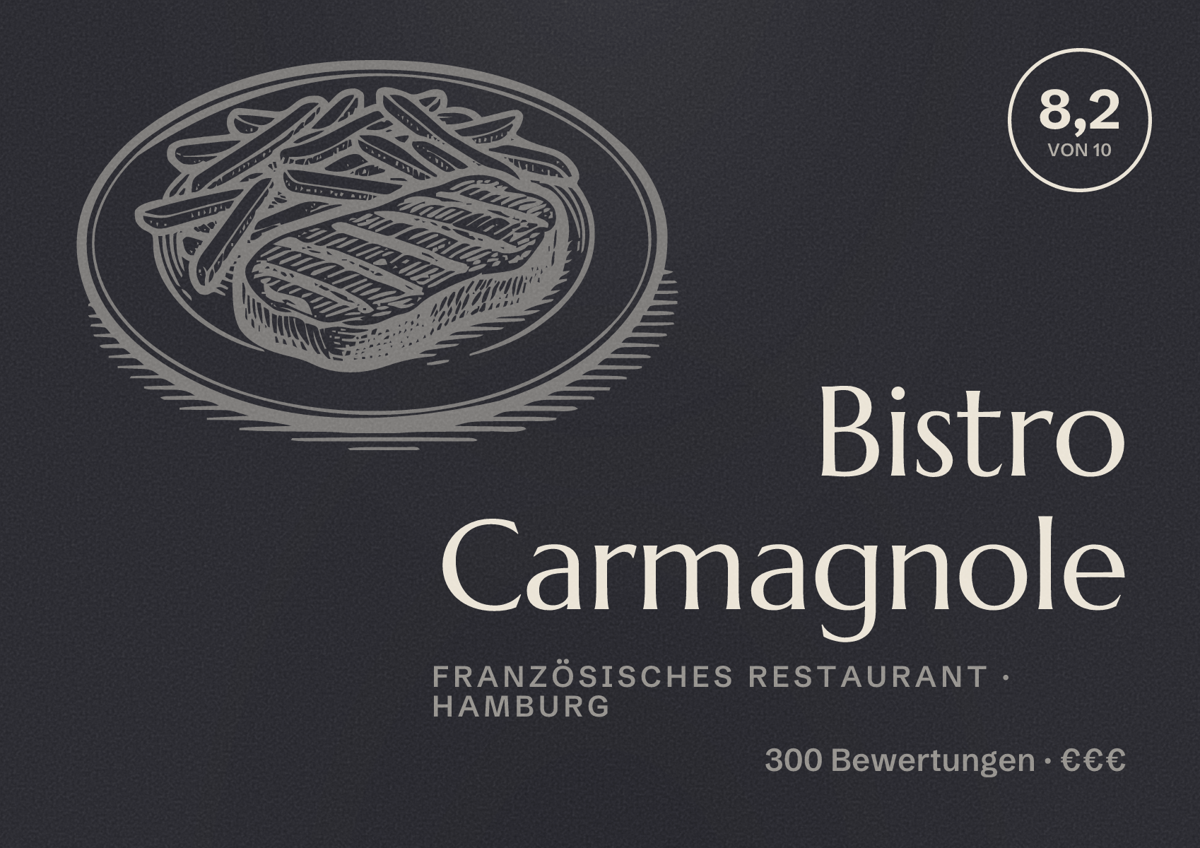 Illustriertes Poster von Bistro Carmagnole, Französisches Restaurant in Hamburg: Bewertung 8,2 von 10 aus 300 Bewertungen, Preisniveau €€€