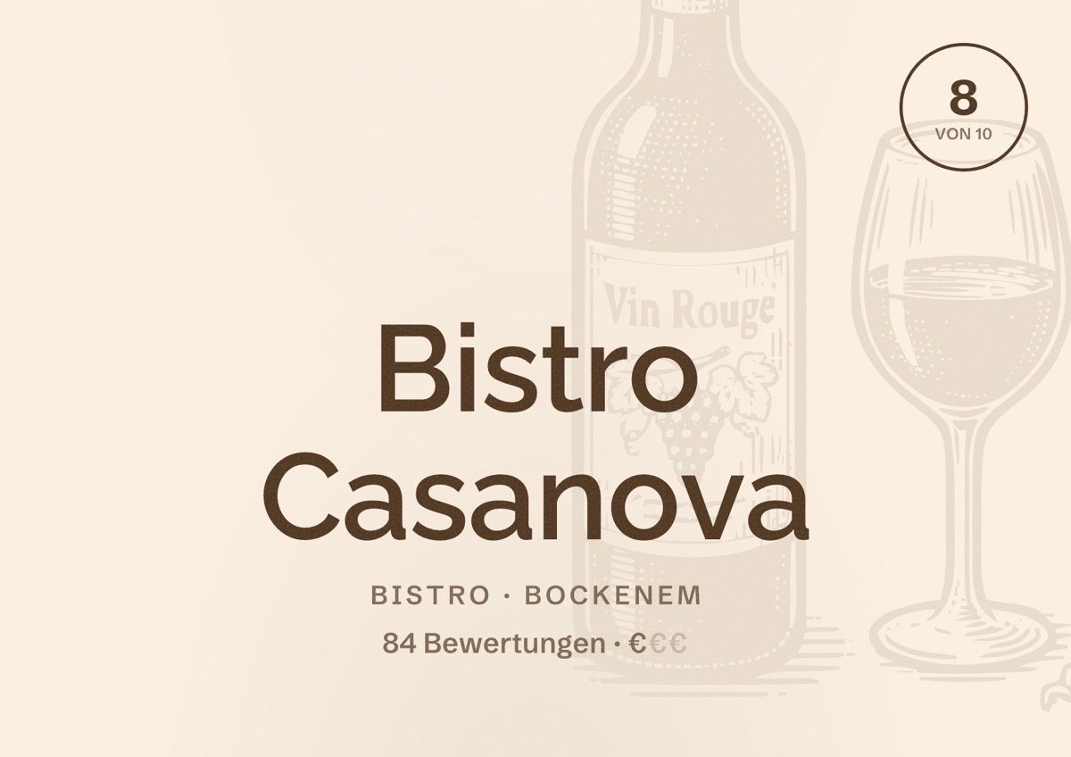 Illustriertes Poster von Bistro Casanova, Bistro in Bockenem: Bewertung 8 von 10 aus 84 Bewertungen, Preisniveau €