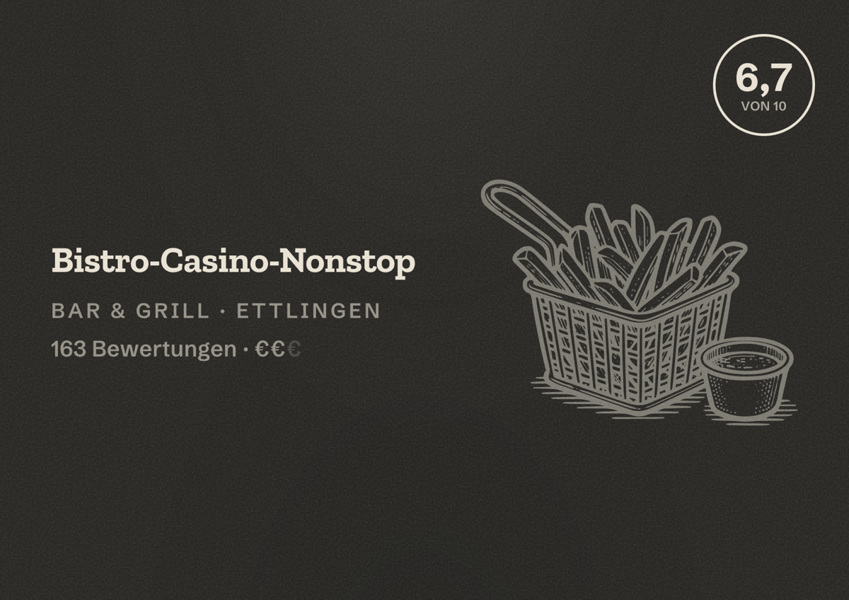 Illustriertes Poster von Bistro-Casino-Nonstop, Bar & Grill in Ettlingen: Bewertung 6,7 von 10 aus 163 Bewertungen, Preisniveau €€