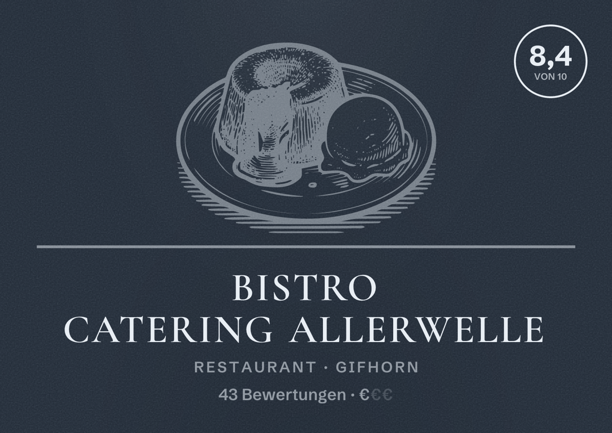 Illustriertes Poster von Bistro Catering Allerwelle, Restaurant in Gifhorn: Bewertung 8,4 von 10 aus 43 Bewertungen, Preisniveau €