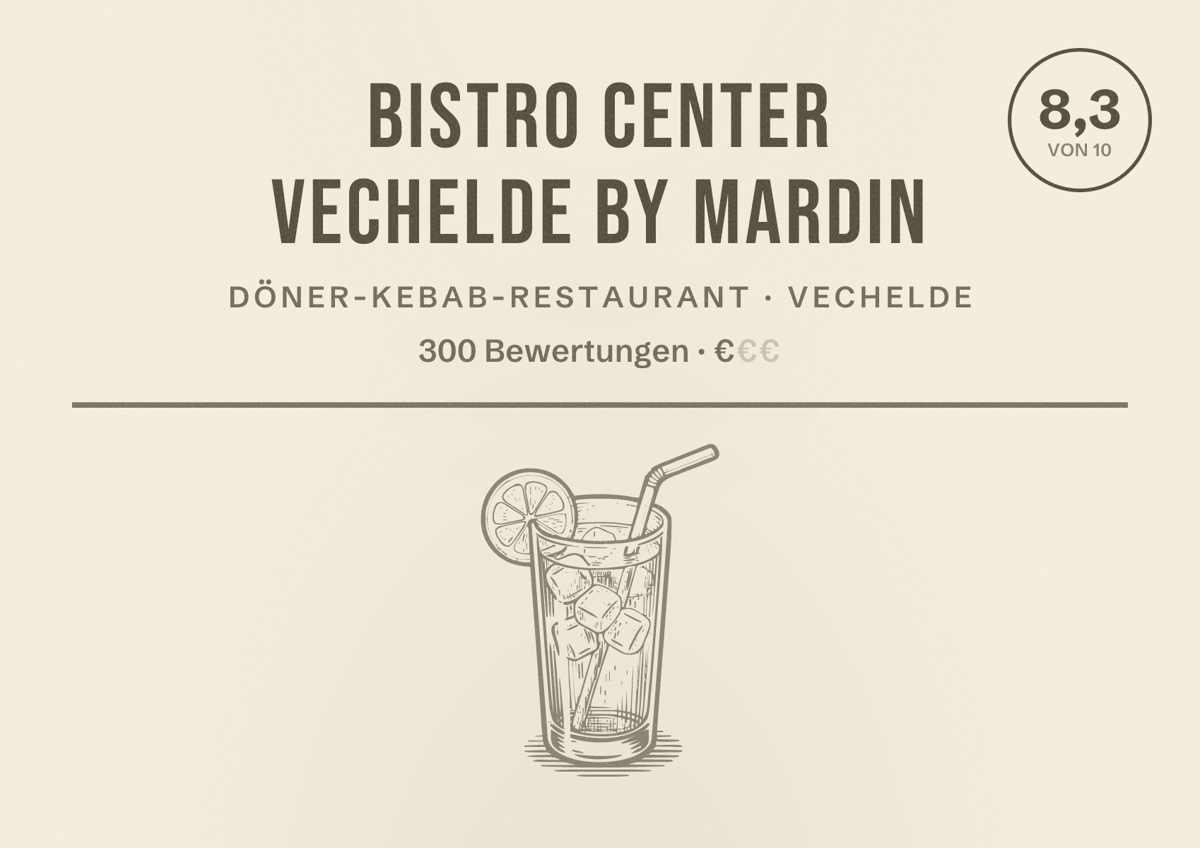 Illustriertes Poster von Bistro Center Vechelde by Mardin, Döner-Kebab-Restaurant in Vechelde: Bewertung 8,3 von 10 aus 300 Bewertungen, Preisniveau €