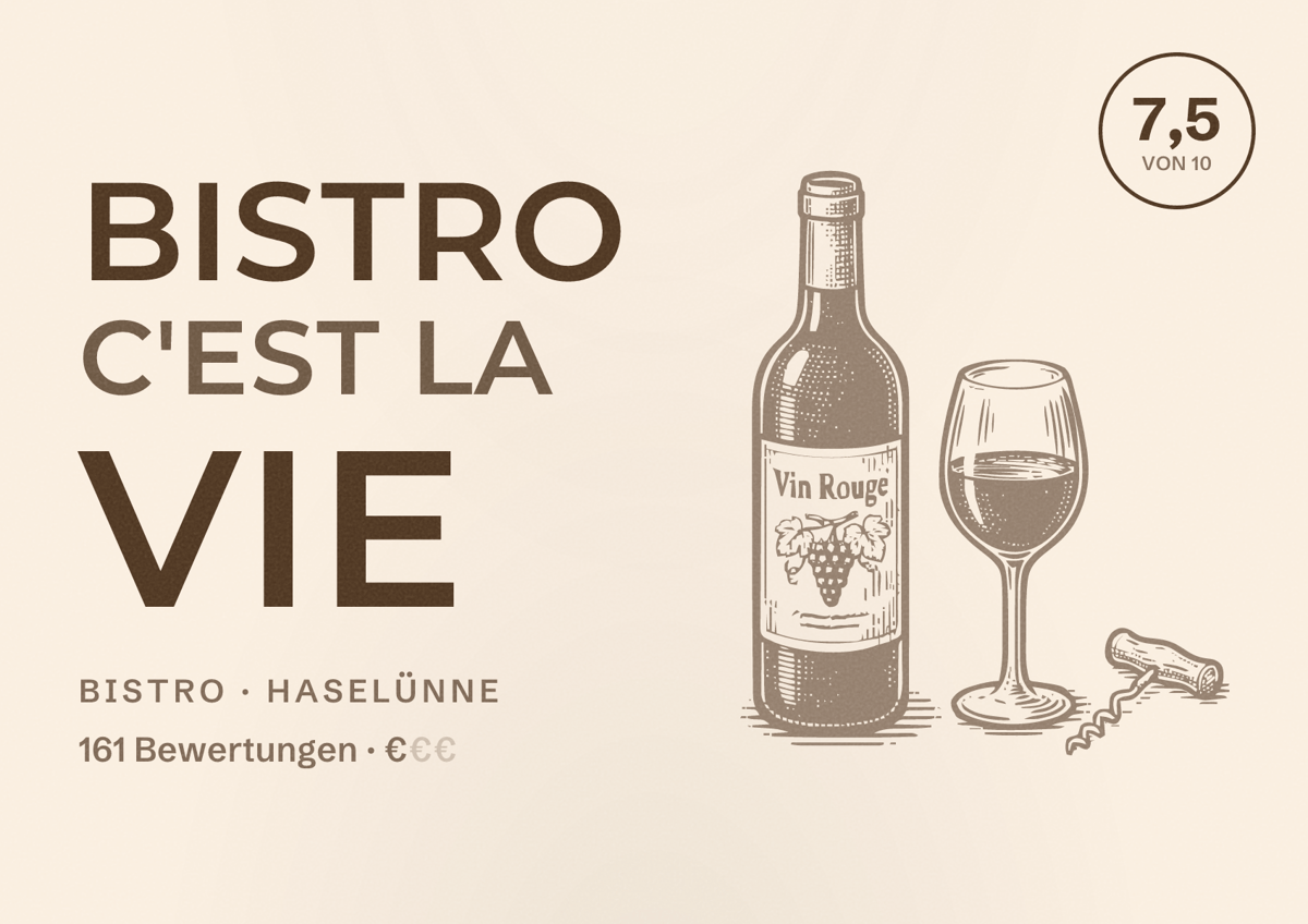 Illustriertes Poster von Bistro C'est La Vie, Bistro in Haselünne: Bewertung 7,5 von 10 aus 161 Bewertungen, Preisniveau €