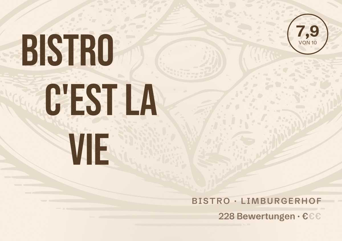 Illustriertes Poster von Bistro C'est la vie, Bistro in Limburgerhof: Bewertung 7,9 von 10 aus 228 Bewertungen, Preisniveau €