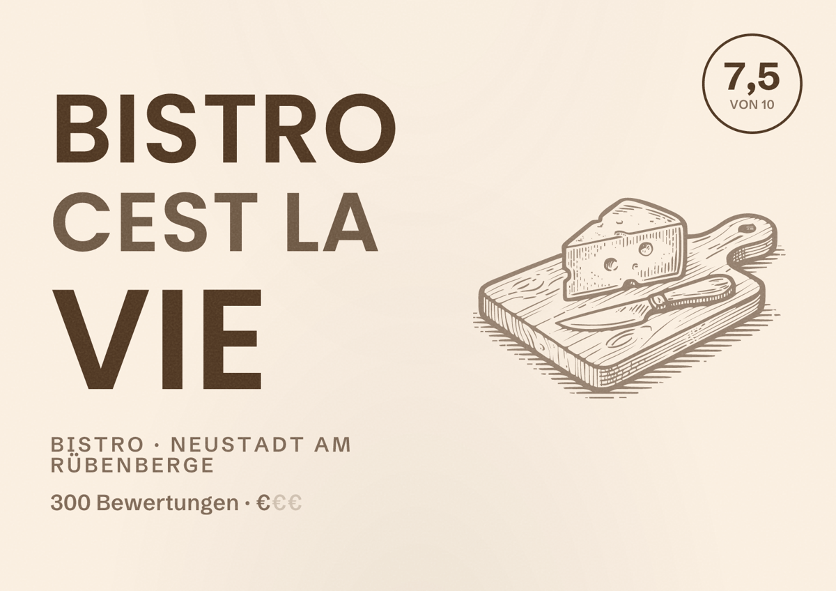 Illustriertes Poster von Bistro Cest la vie, Bistro in Neustadt am Rübenberge: Bewertung 7,5 von 10 aus 300 Bewertungen, Preisniveau €