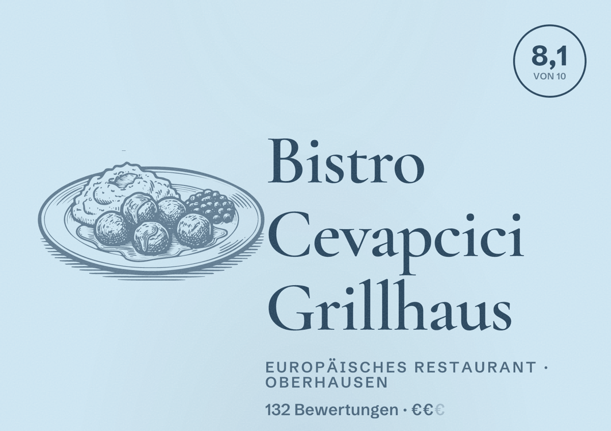 Illustriertes Poster von Bistro Cevapcici Grillhaus, Europäisches Restaurant in Oberhausen: Bewertung 8,1 von 10 aus 132 Bewertungen, Preisniveau €€