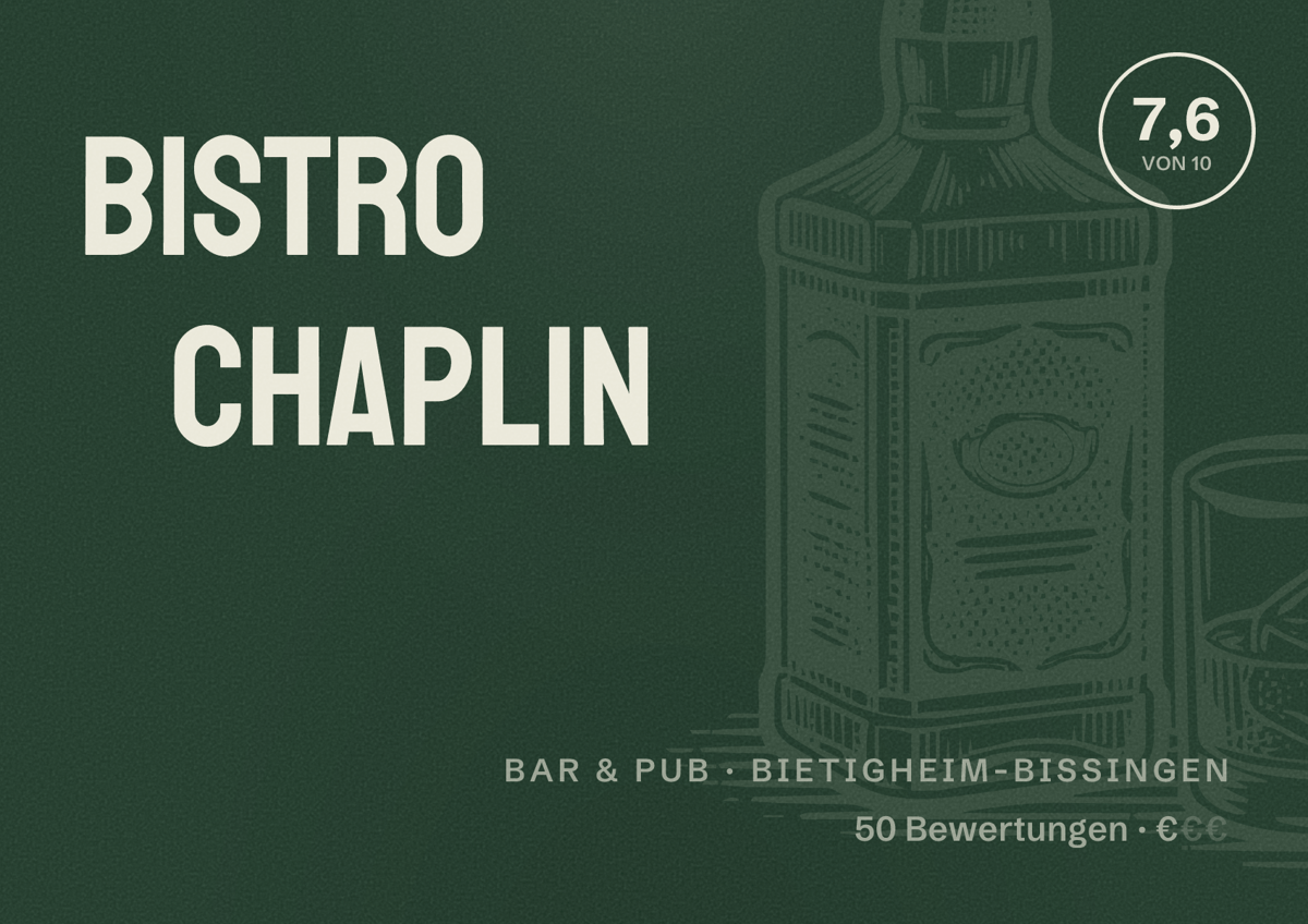 Illustriertes Poster von Bistro Chaplin, Bar & Pub in Bietigheim-Bissingen: Bewertung 7,6 von 10 aus 50 Bewertungen, Preisniveau €