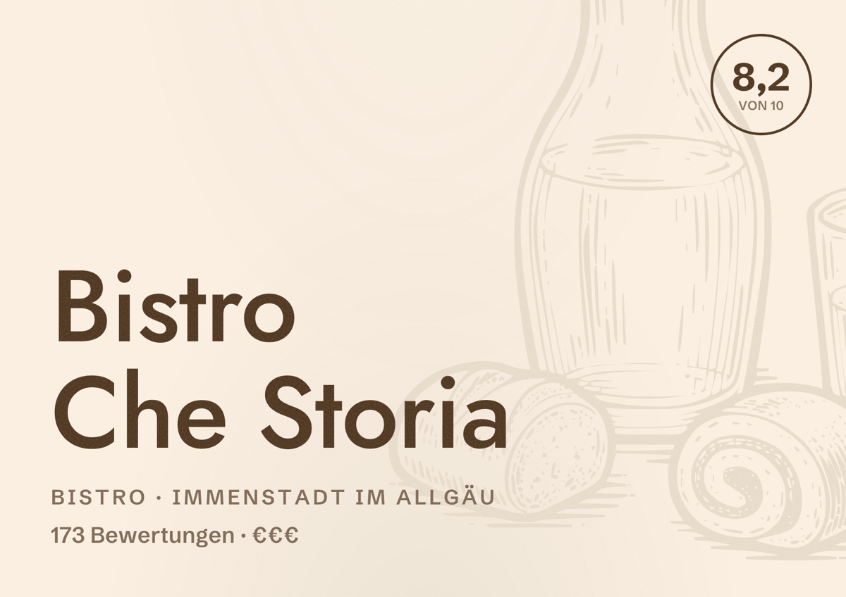 Illustriertes Poster von Bistro Che Storia, Bistro in Immenstadt im Allgäu: Bewertung 8,2 von 10 aus 173 Bewertungen, Preisniveau €€€