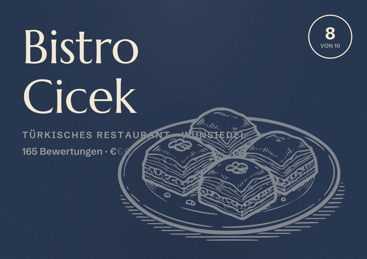 Illustriertes Poster von Bistro Cicek, Türkisches Restaurant in Wunsiedel: Bewertung 8 von 10 aus 165 Bewertungen, Preisniveau €