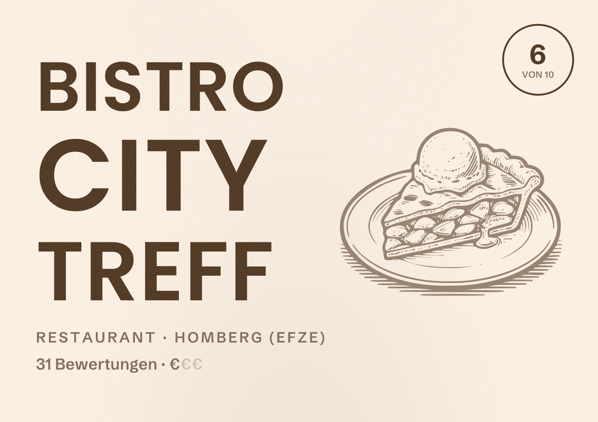 Illustriertes Poster von Bistro City Treff, Restaurant in Homberg (Efze): Bewertung 6 von 10 aus 31 Bewertungen, Preisniveau €