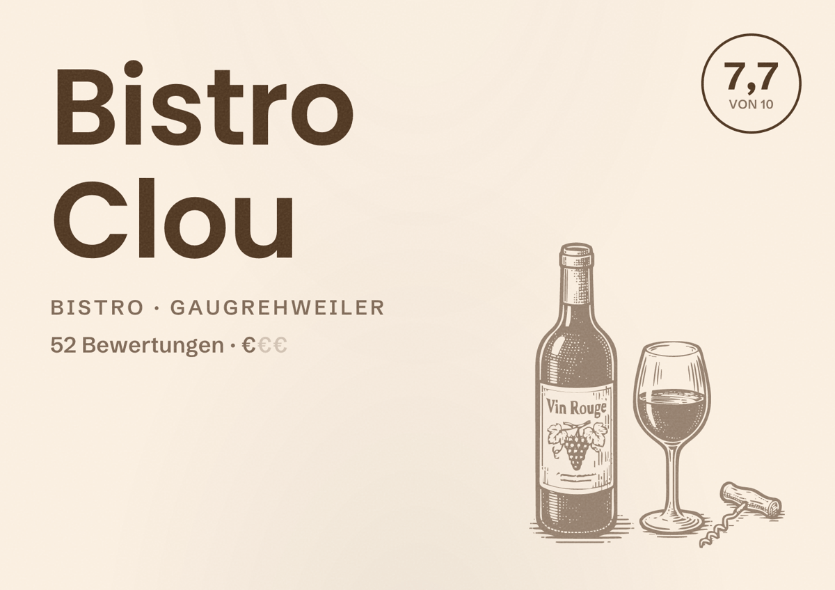 Illustriertes Poster von Bistro Clou, Bistro in Gaugrehweiler: Bewertung 7,7 von 10 aus 52 Bewertungen, Preisniveau €