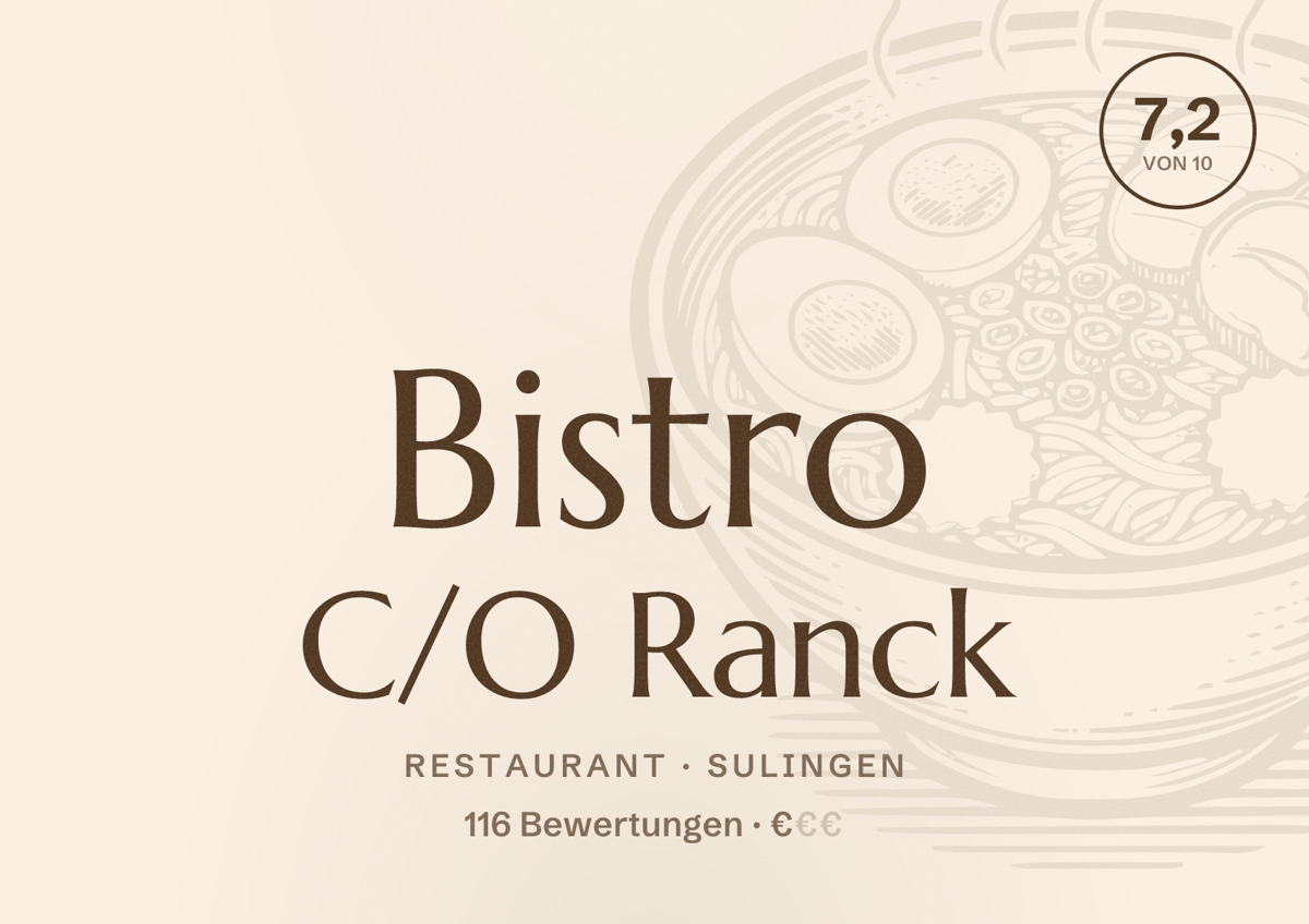 Illustriertes Poster von Bistro C/O Ranck, Restaurant in Sulingen: Bewertung 7,2 von 10 aus 116 Bewertungen, Preisniveau €