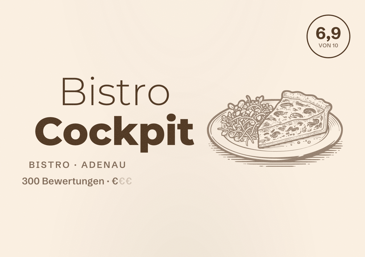 Illustriertes Poster von Bistro Cockpit, Bistro in Adenau: Bewertung 6,9 von 10 aus 300 Bewertungen, Preisniveau €