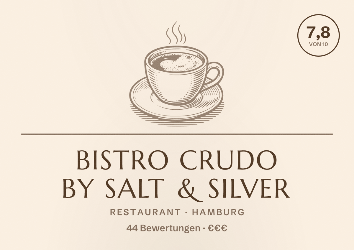 Illustriertes Poster von Bistro Crudo by Salt & Silver, Restaurant in Hamburg: Bewertung 7,8 von 10 aus 44 Bewertungen, Preisniveau €€€