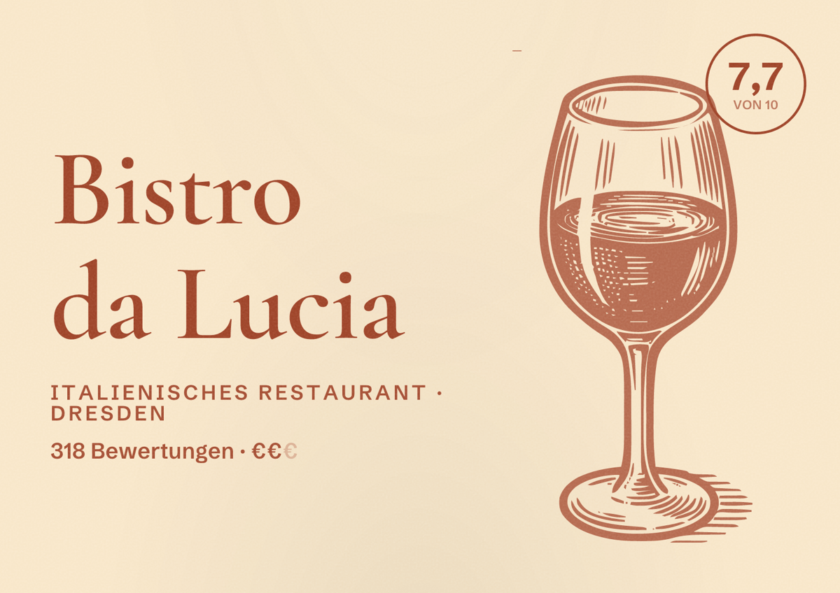 Illustriertes Poster von Bistro da Lucia, Italienisches Restaurant in Dresden: Bewertung 7,7 von 10 aus 318 Bewertungen, Preisniveau €€
