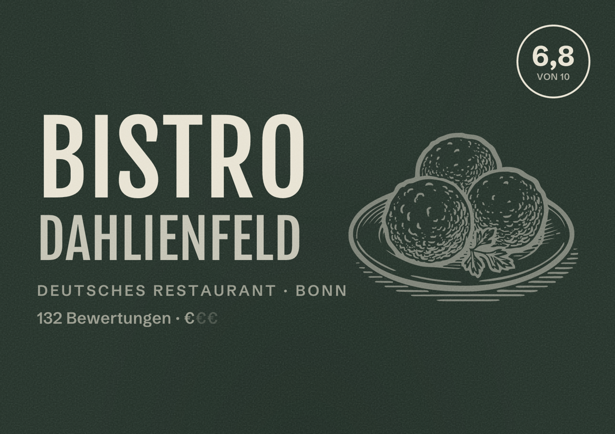 Illustriertes Poster von Bistro Dahlienfeld, Deutsches Restaurant in Bonn: Bewertung 6,8 von 10 aus 132 Bewertungen, Preisniveau €