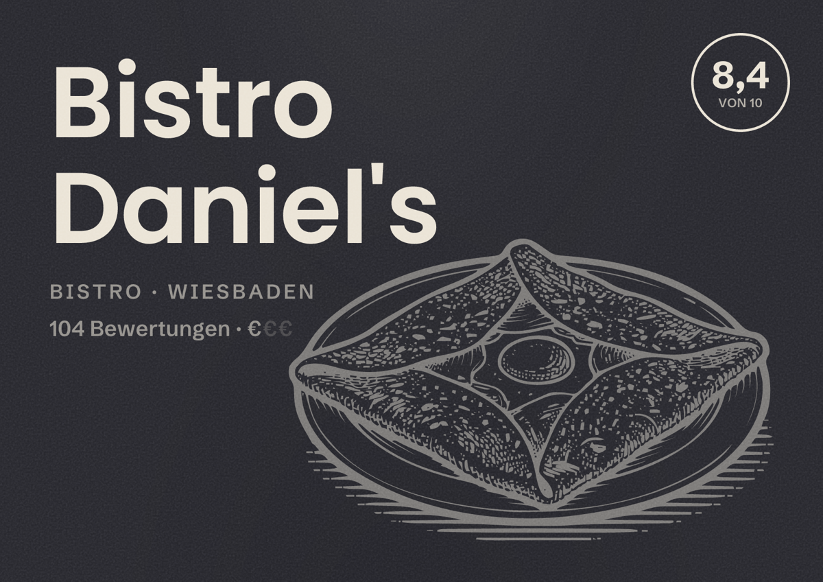Illustriertes Poster von Bistro Daniel's, Bistro in Wiesbaden: Bewertung 8,4 von 10 aus 104 Bewertungen, Preisniveau €