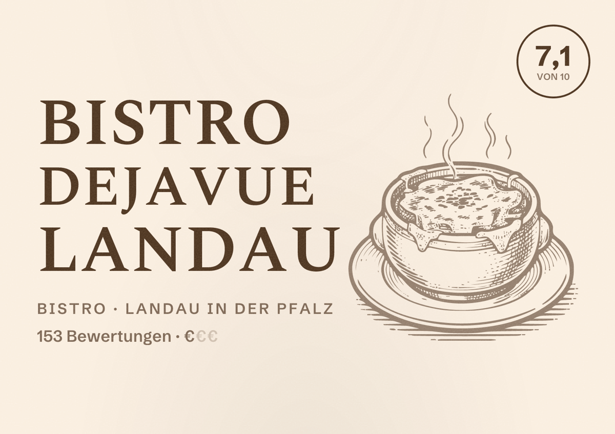 Illustriertes Poster von Bistro Dejavue Landau, Bistro in Landau in der Pfalz: Bewertung 7,1 von 10 aus 153 Bewertungen, Preisniveau €