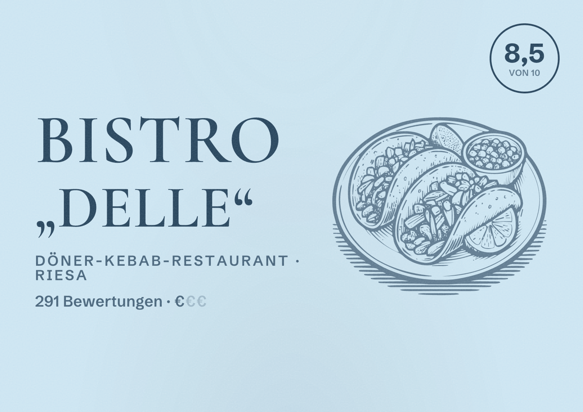 Illustriertes Poster von Bistro „Delle“, Döner-Kebab-Restaurant in Riesa: Bewertung 8,5 von 10 aus 291 Bewertungen, Preisniveau €