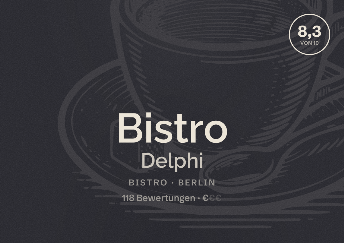 Illustriertes Poster von Bistro Delphi, Bistro in Berlin: Bewertung 8,3 von 10 aus 118 Bewertungen, Preisniveau €