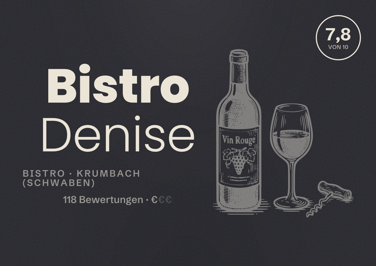 Illustriertes Poster von Bistro Denise, Bistro in Krumbach (Schwaben): Bewertung 7,8 von 10 aus 118 Bewertungen, Preisniveau €