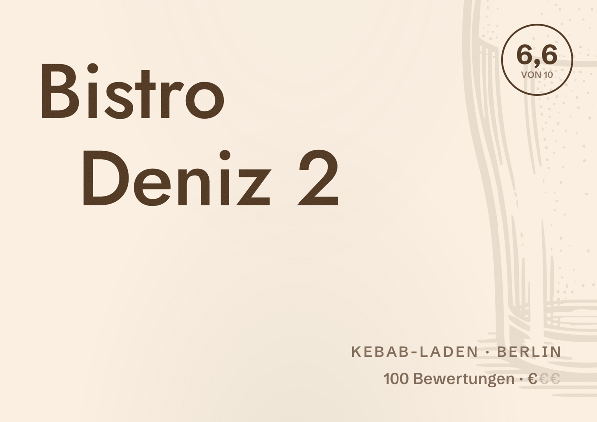 Illustriertes Poster von Bistro Deniz 2, Kebab-Laden in Berlin: Bewertung 6,6 von 10 aus 100 Bewertungen, Preisniveau €