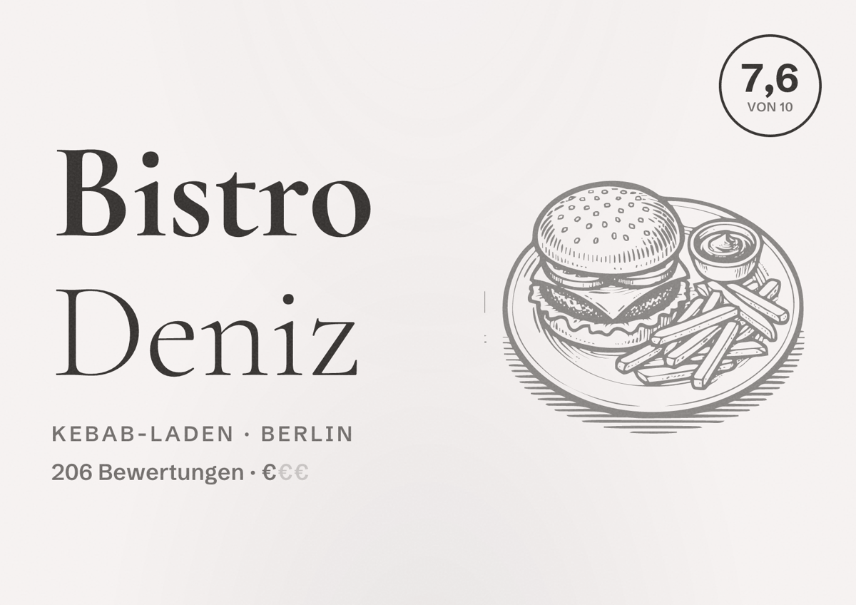 Illustriertes Poster von Bistro Deniz, Kebab-Laden in Berlin: Bewertung 7,6 von 10 aus 206 Bewertungen, Preisniveau €