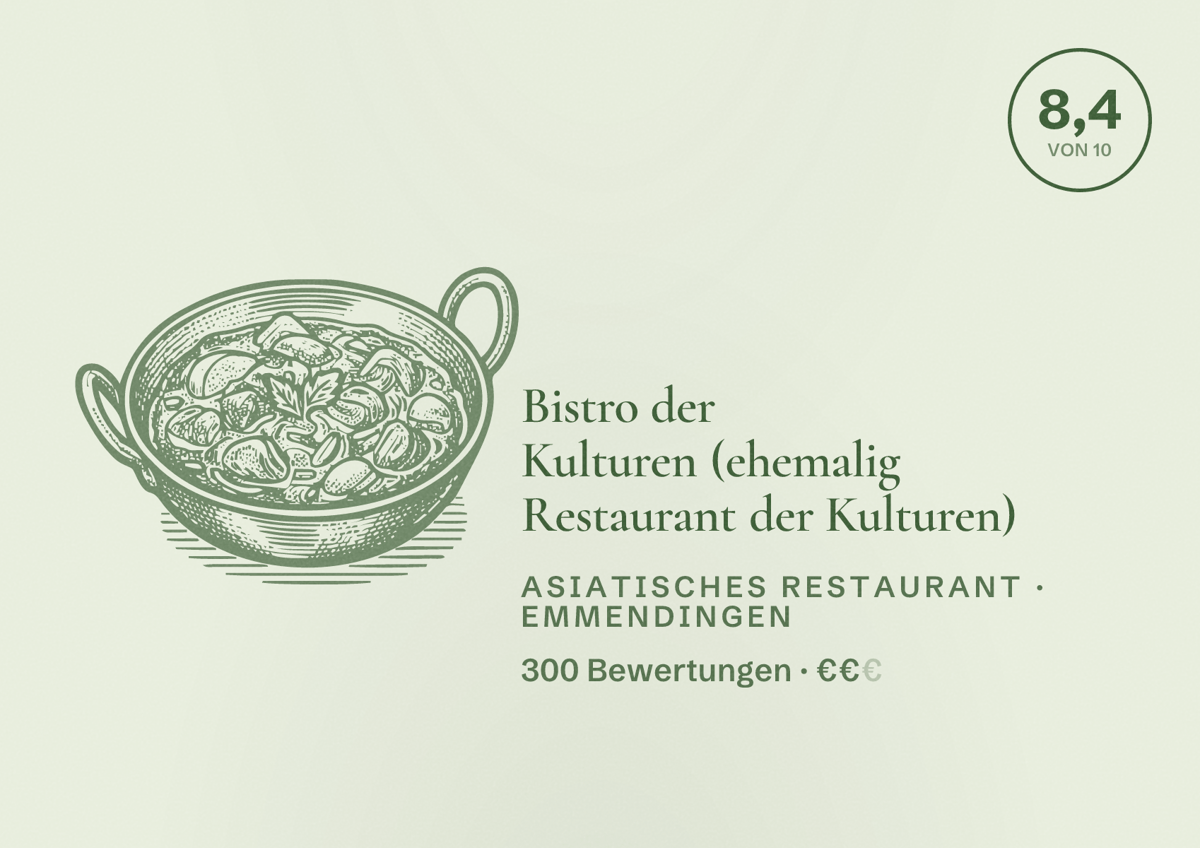 Illustriertes Poster von Bistro der Kulturen (ehemalig Restaurant der Kulturen), Asiatisches Restaurant in Emmendingen: Bewertung 8,4 von 10 aus 300 Bewertungen, Preisniveau €€