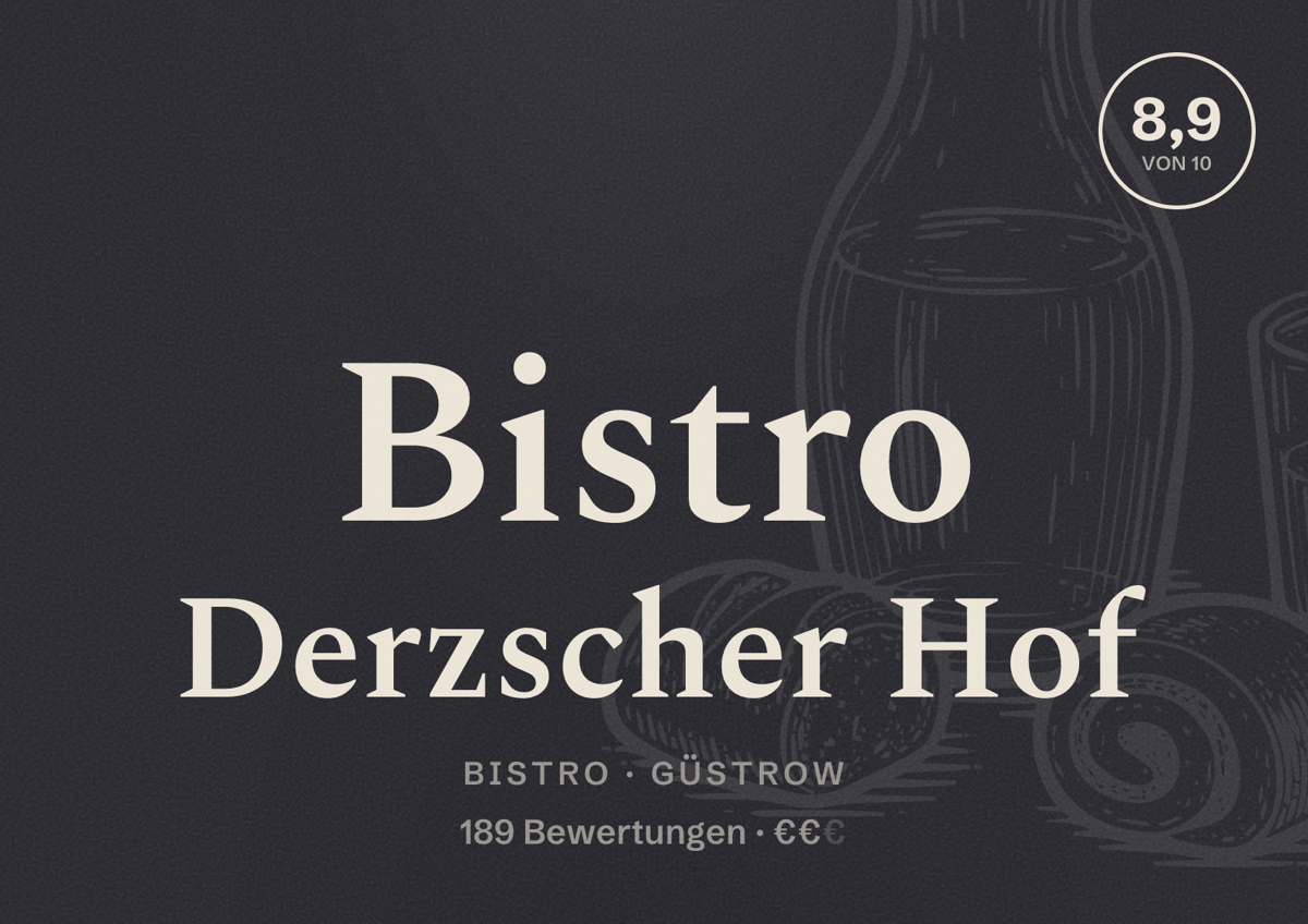 Illustriertes Poster von Bistro Derzscher Hof, Bistro in Güstrow: Bewertung 8,9 von 10 aus 189 Bewertungen, Preisniveau €€