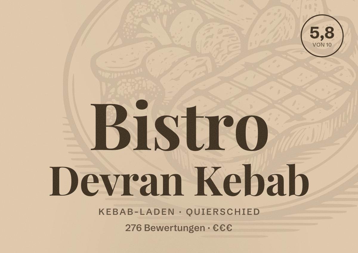 Illustriertes Poster von Bistro Devran Kebab, Kebab-Laden in Quierschied: Bewertung 5,8 von 10 aus 276 Bewertungen, Preisniveau €€€