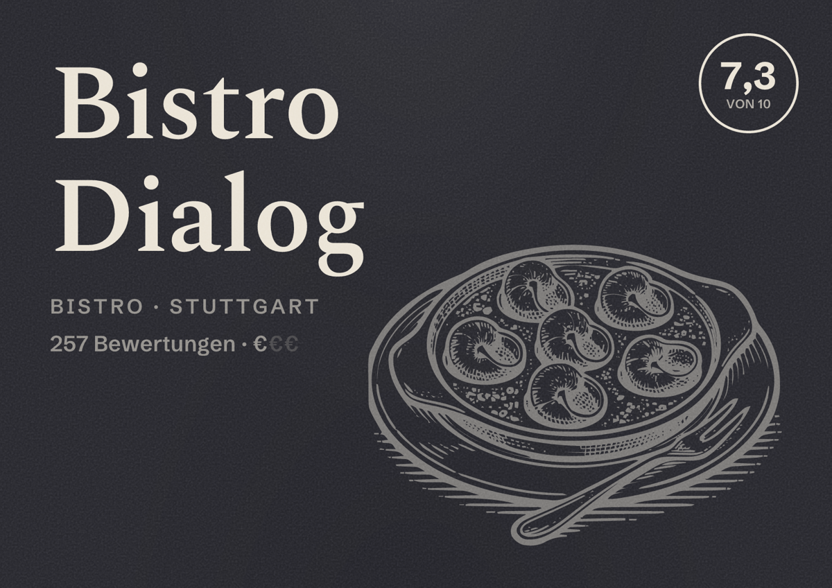 Illustriertes Poster von Bistro Dialog, Bistro in Stuttgart: Bewertung 7,3 von 10 aus 257 Bewertungen, Preisniveau €