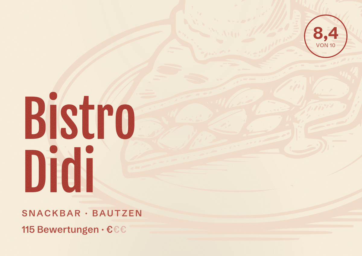Illustriertes Poster von Bistro Didi, Snackbar in Bautzen: Bewertung 8,4 von 10 aus 115 Bewertungen, Preisniveau €