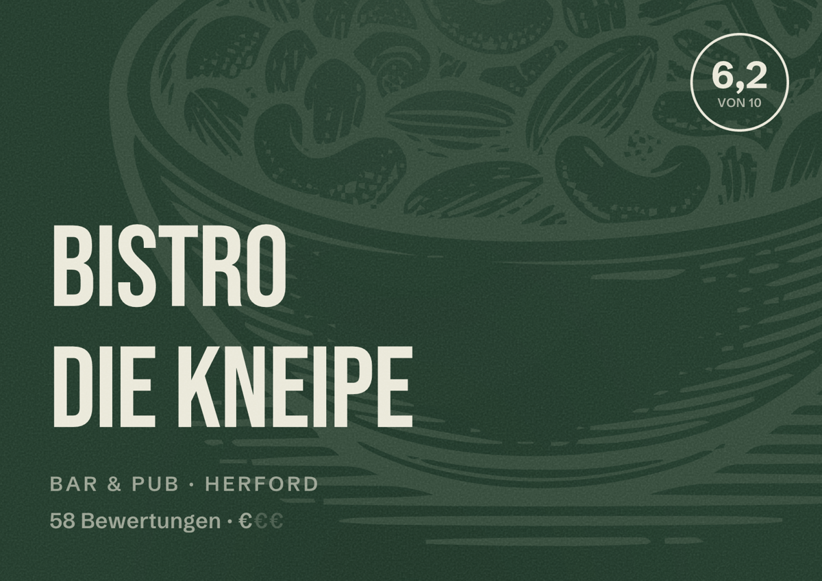 Illustriertes Poster von Bistro Die Kneipe, Bar & Pub in Herford: Bewertung 6,2 von 10 aus 58 Bewertungen, Preisniveau €
