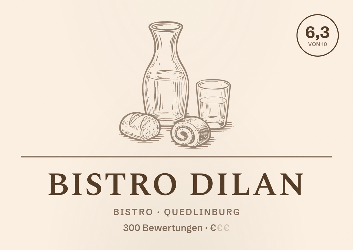 Illustriertes Poster von Bistro Dilan, Bistro in Quedlinburg: Bewertung 6,3 von 10 aus 300 Bewertungen, Preisniveau €