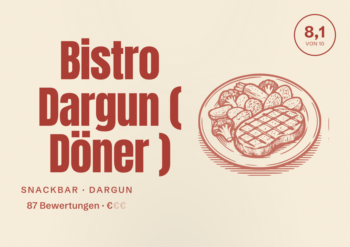 Illustriertes Poster von Bistro Dargun ( Döner ), Snackbar in Dargun: Bewertung 8,1 von 10 aus 87 Bewertungen, Preisniveau €