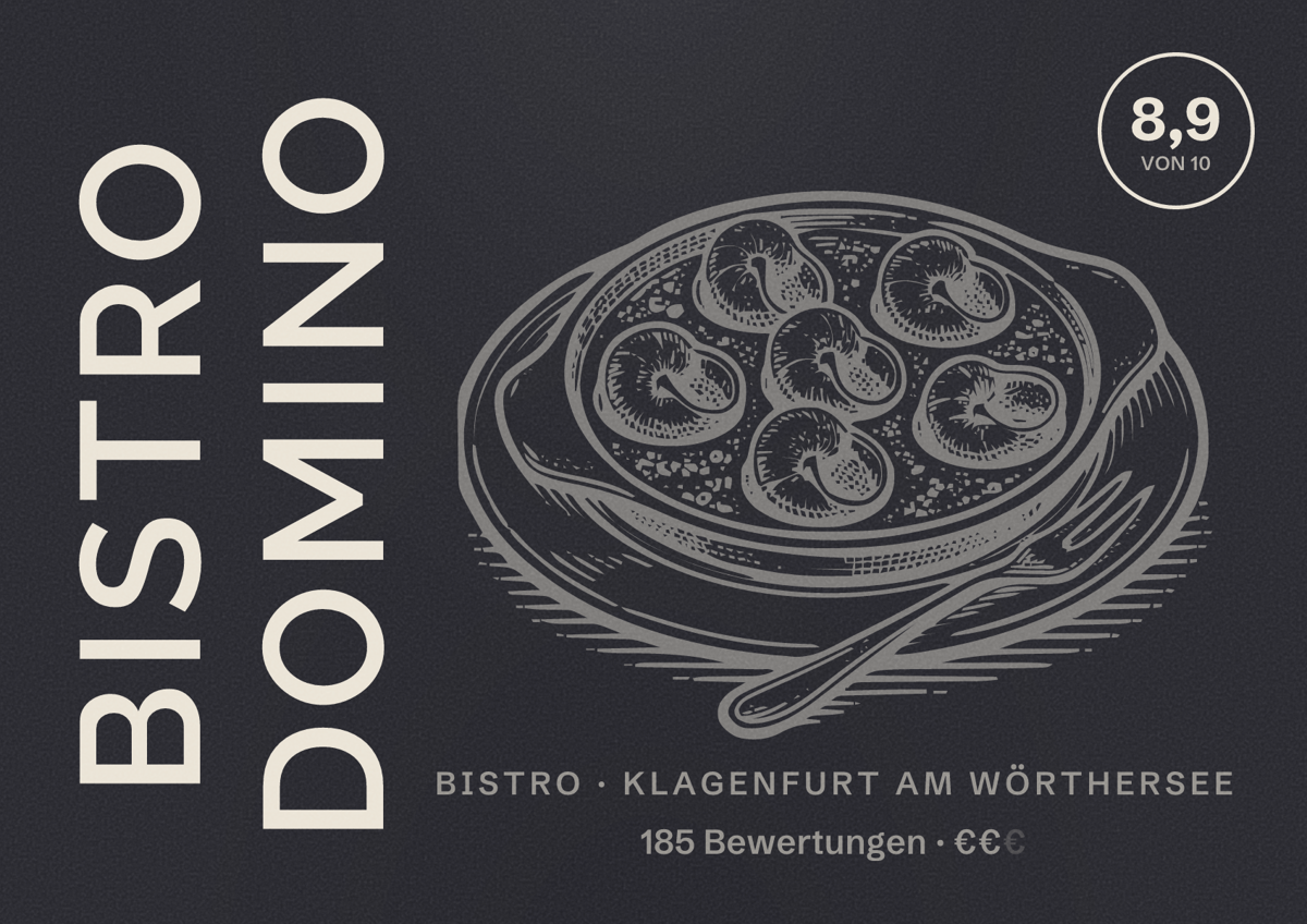Illustriertes Poster von Bistro Domino, Bistro in Klagenfurt am Wörthersee: Bewertung 8,9 von 10 aus 185 Bewertungen, Preisniveau €€