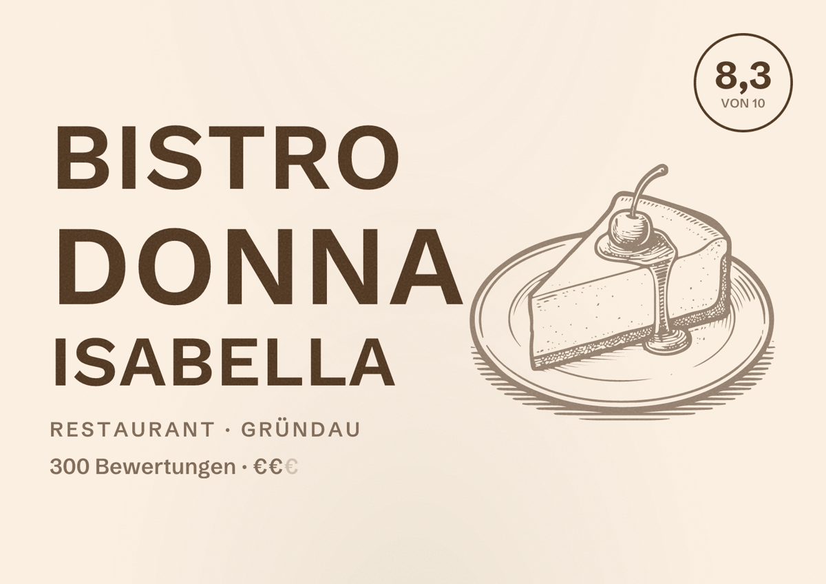Illustriertes Poster von Bistro Donna Isabella, Restaurant in Gründau: Bewertung 8,3 von 10 aus 300 Bewertungen, Preisniveau €€