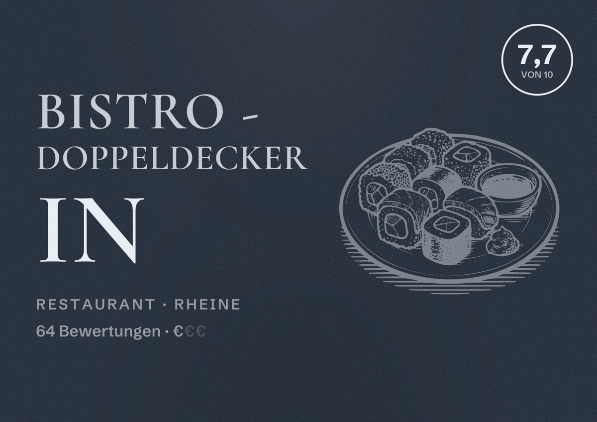 Illustriertes Poster von BISTRO - Doppeldecker in, Restaurant in Rheine: Bewertung 7,7 von 10 aus 64 Bewertungen, Preisniveau €