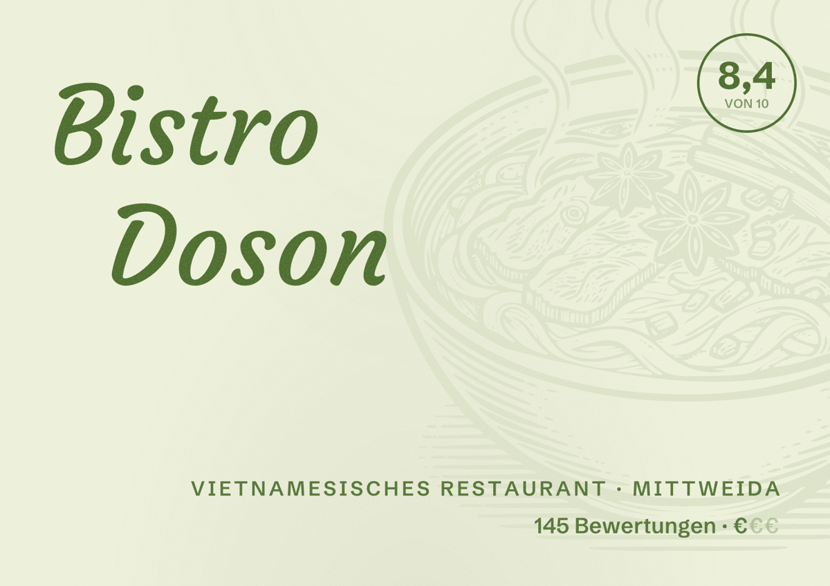 Illustriertes Poster von Bistro Doson, Vietnamesisches Restaurant in Mittweida: Bewertung 8,4 von 10 aus 145 Bewertungen, Preisniveau €