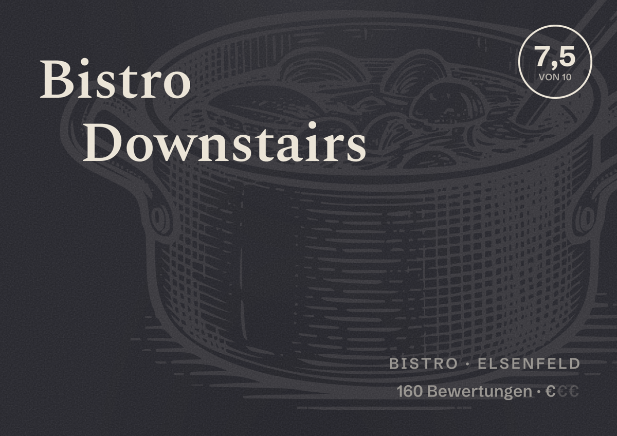 Illustriertes Poster von Bistro Downstairs, Bistro in Elsenfeld: Bewertung 7,5 von 10 aus 160 Bewertungen, Preisniveau €