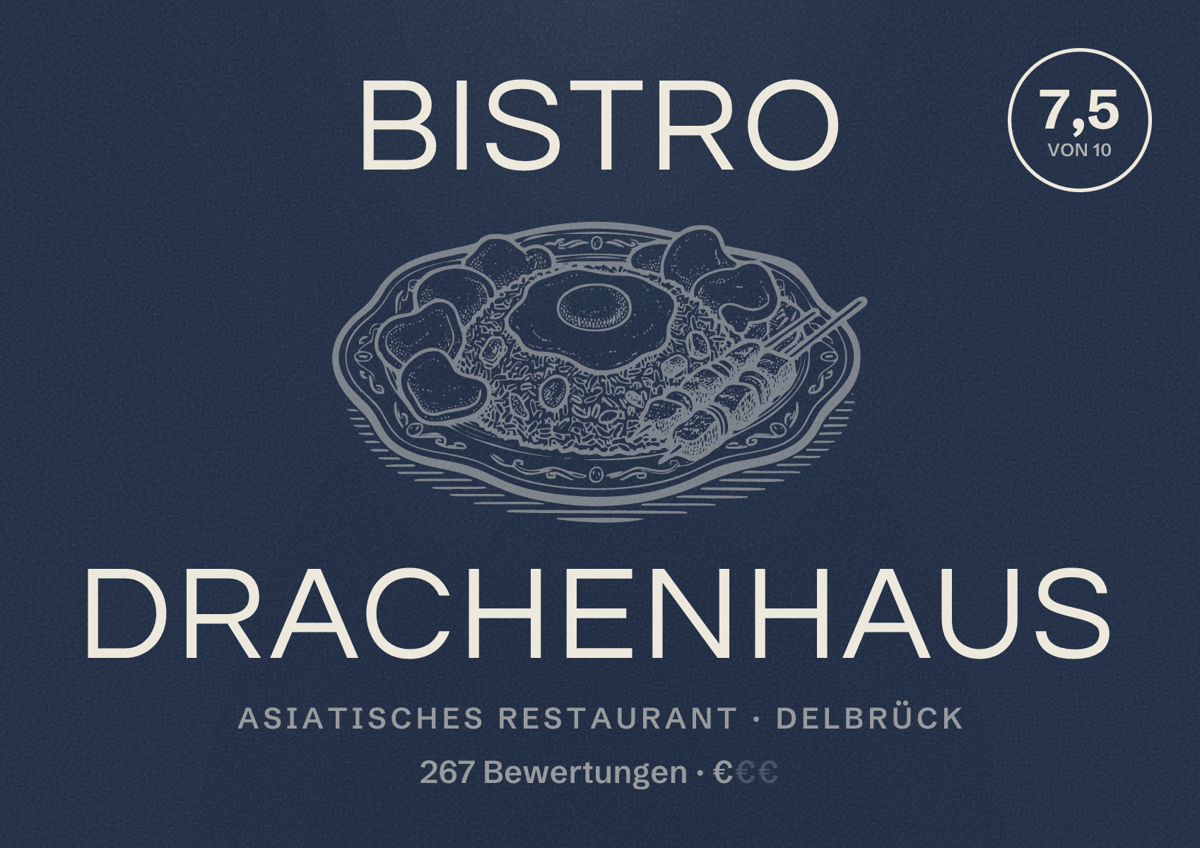 Illustriertes Poster von Bistro Drachenhaus, Asiatisches Restaurant in Delbrück: Bewertung 7,5 von 10 aus 267 Bewertungen, Preisniveau €
