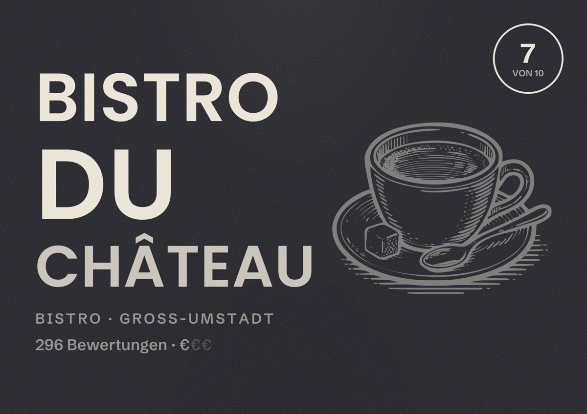 Illustriertes Poster von Bistro du Château, Bistro in Groß-Umstadt: Bewertung 7 von 10 aus 296 Bewertungen, Preisniveau €