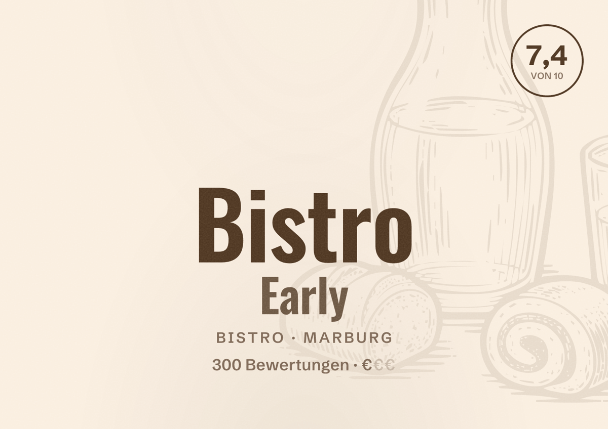 Illustriertes Poster von Bistro Early, Bistro in Marburg: Bewertung 7,4 von 10 aus 300 Bewertungen, Preisniveau €