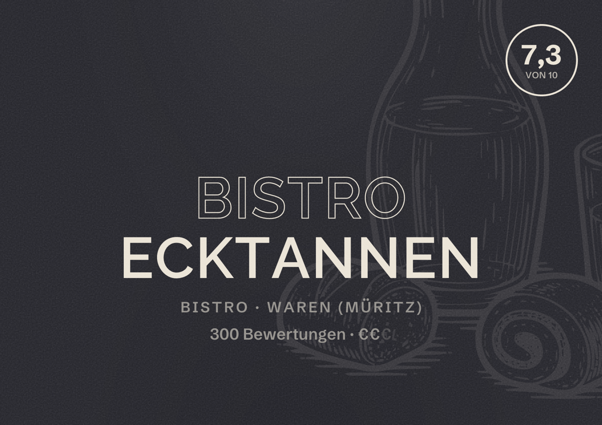 Illustriertes Poster von Bistro Ecktannen, Bistro in Waren (Müritz): Bewertung 7,3 von 10 aus 300 Bewertungen, Preisniveau €€