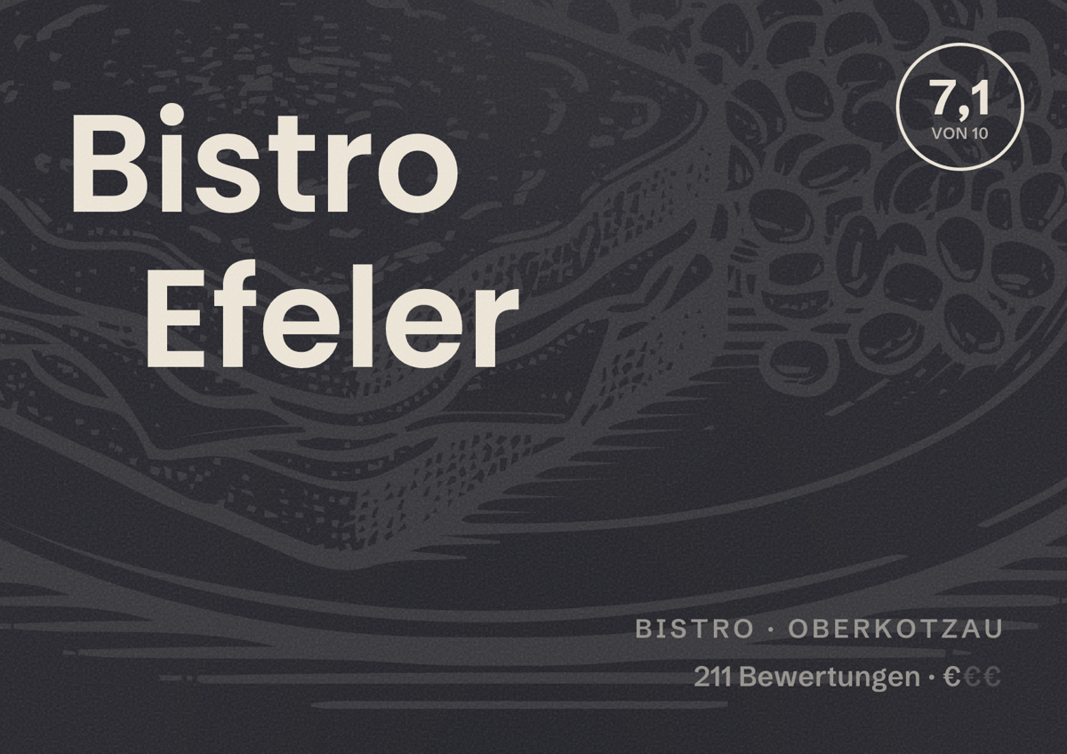 Illustriertes Poster von Bistro Efeler, Bistro in Oberkotzau: Bewertung 7,1 von 10 aus 211 Bewertungen, Preisniveau €