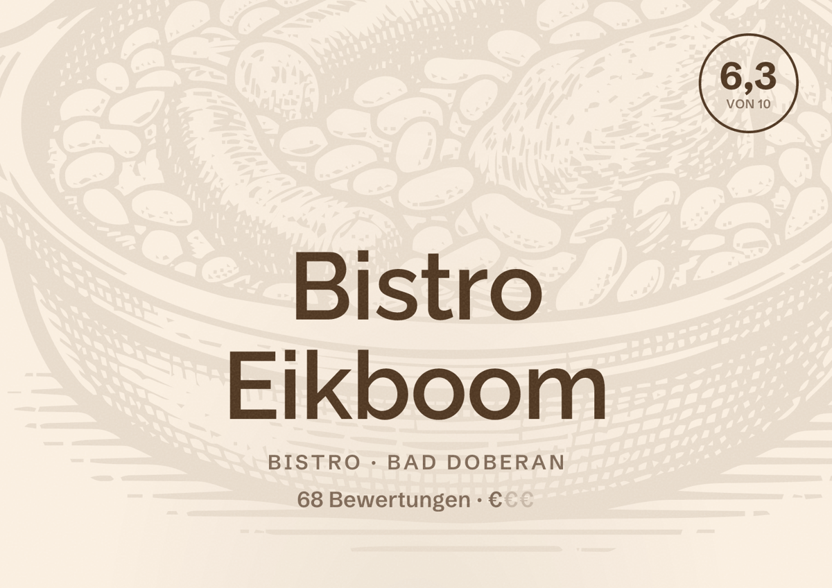 Illustriertes Poster von Bistro Eikboom, Bistro in Bad Doberan: Bewertung 6,3 von 10 aus 68 Bewertungen, Preisniveau €