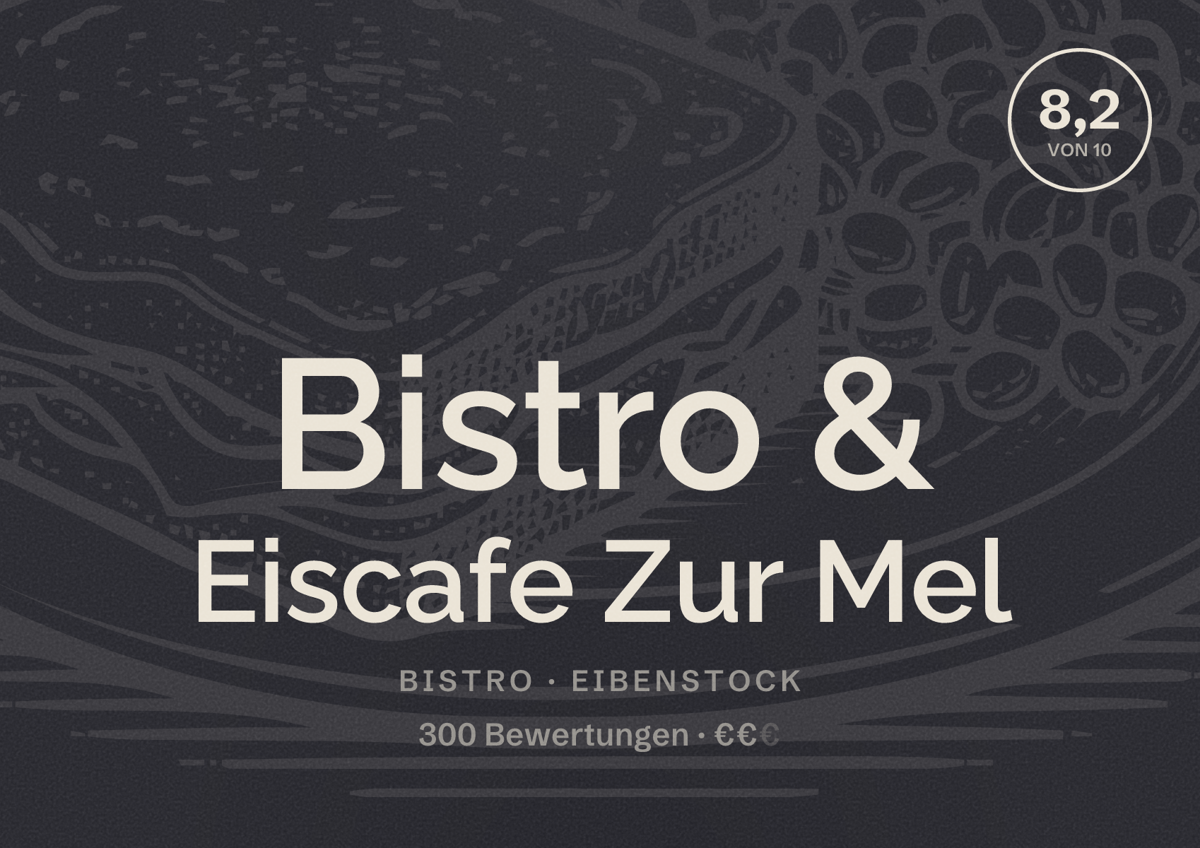Illustriertes Poster von Bistro & Eiscafe Zur Mel, Bistro in Eibenstock: Bewertung 8,2 von 10 aus 300 Bewertungen, Preisniveau €€