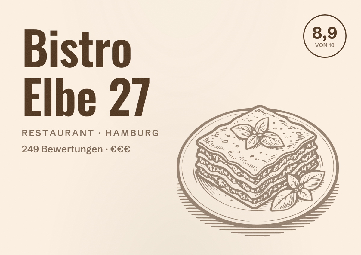 Illustriertes Poster von Bistro Elbe 27, Restaurant in Hamburg: Bewertung 8,9 von 10 aus 249 Bewertungen, Preisniveau €€€